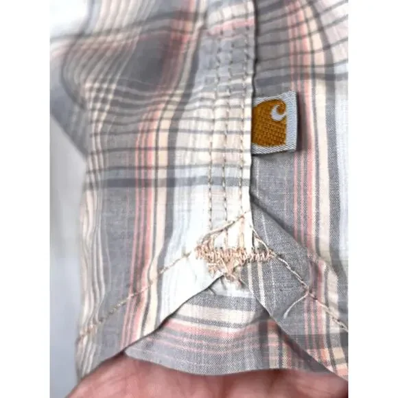 Carhartt Women's Button Up Shirt Roll Tab Sleeves in gray/peach plaid, size XL - Picture 5 of 9